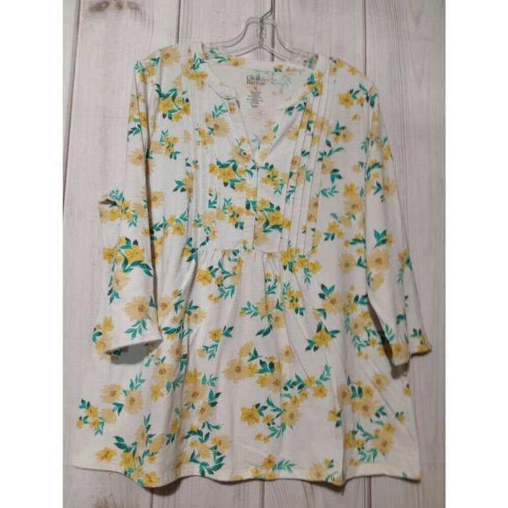 Croft and Barrow Shirt Ladies Extra Large Cream Yellow Floral Pleated VNeck